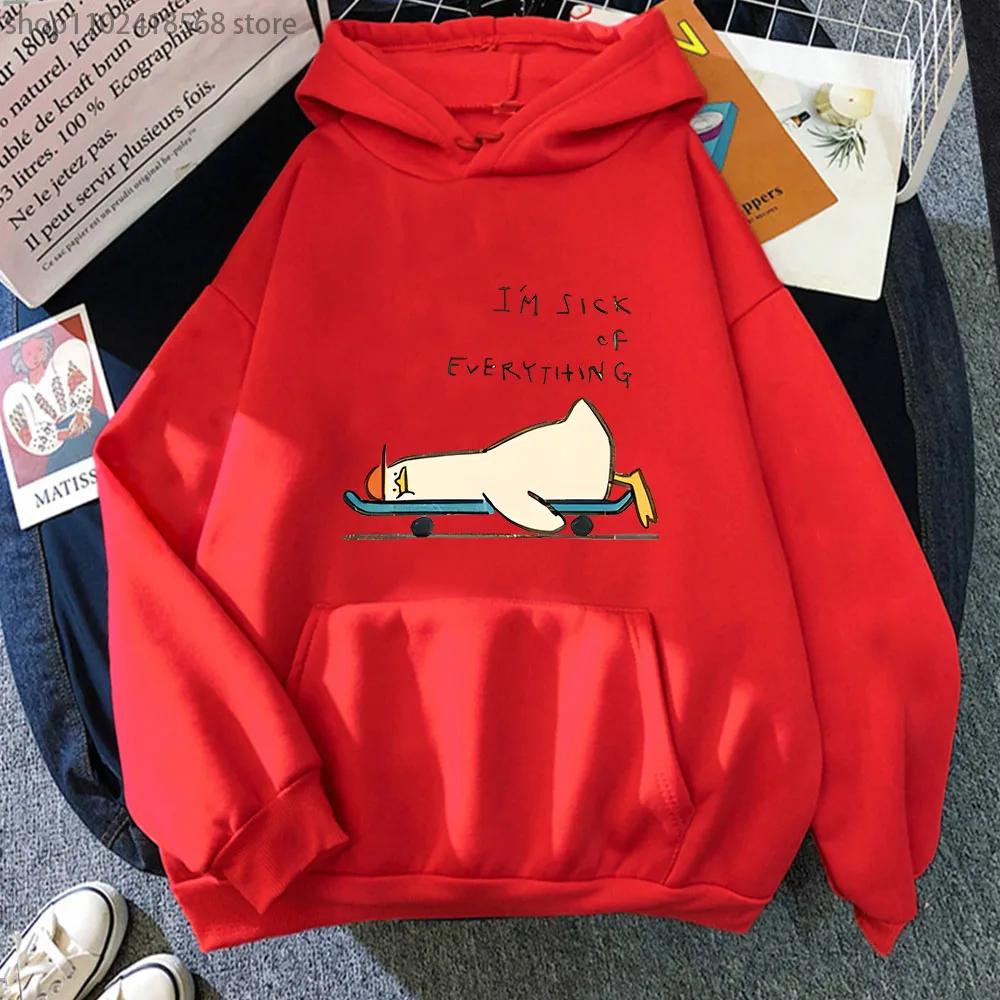 Cartoon Anime Duck Hoodies I'm Sick of Everything Sweatshirts Y2k Top Long Sleeve Street Streetwear Women Men Coat