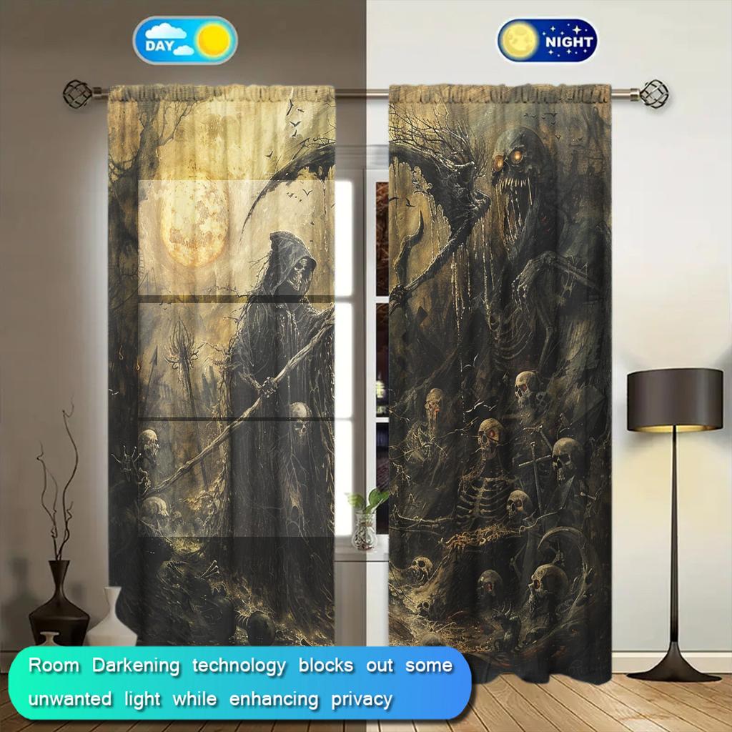 2pcs Death Skull Print Curtain for Home Decor - Rod Pocket Window Treatment for Bedroom, Office, Kitchen, Living Room, and Study