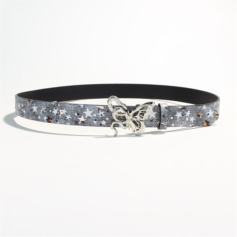 Jean-Look Fashion Belt with Scattered Star Pattern, PU Leather Sash, Metal Hardware and Fit Adjustment Points for Outfits