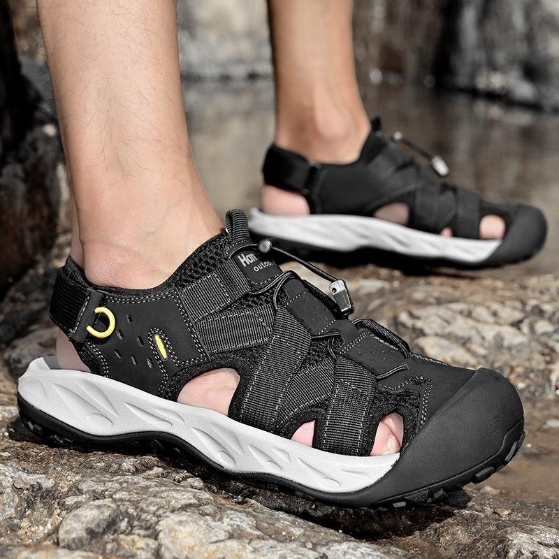 Letní pánské duté kožené plážové sandály s čepicí na špičku venkovní sportovní boty ručně vyráběné síťované boty