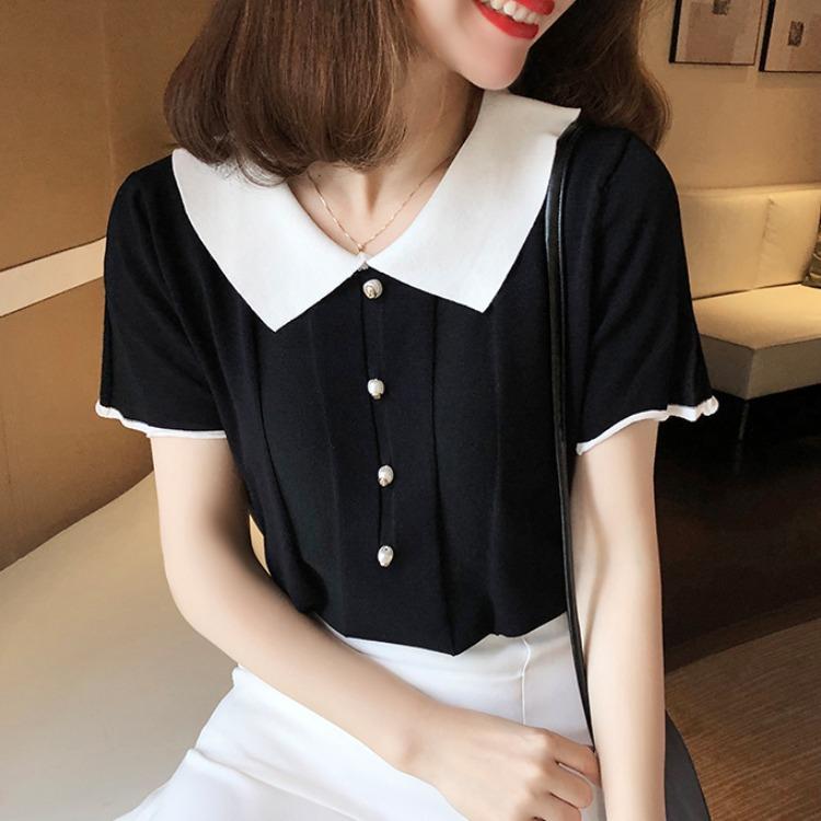 Knitwear Summer Loose Foreign-style Knit T-shirt Women's Black and White Colorblocking Short-sleeved Tops Casual Essential Slim Fit Pullovers Tees