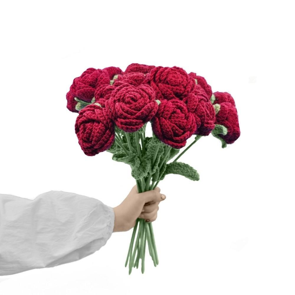 1/5/9pcs Hand Knitted Fake Rose Flowers Crochet Woven Rose Flower Bouquet  Mother's Day