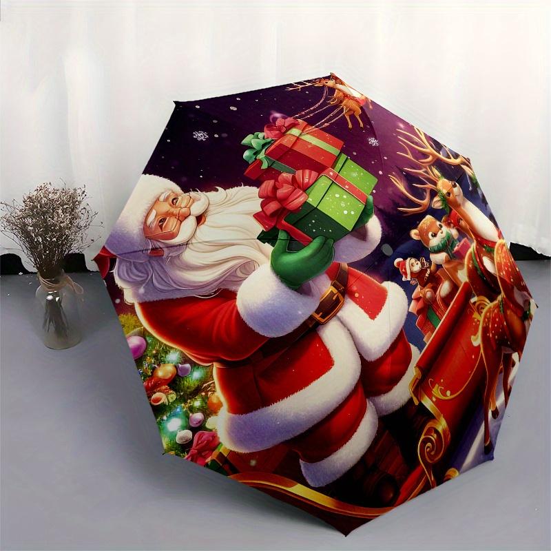 Weihnachtsmann & Rentier Weihnachtsschlitten Dekorativer AufkleberRegenschirm, Tragbarer 3-fach Kompakter Regenschirm, Weihnachtsgeschenk ES429