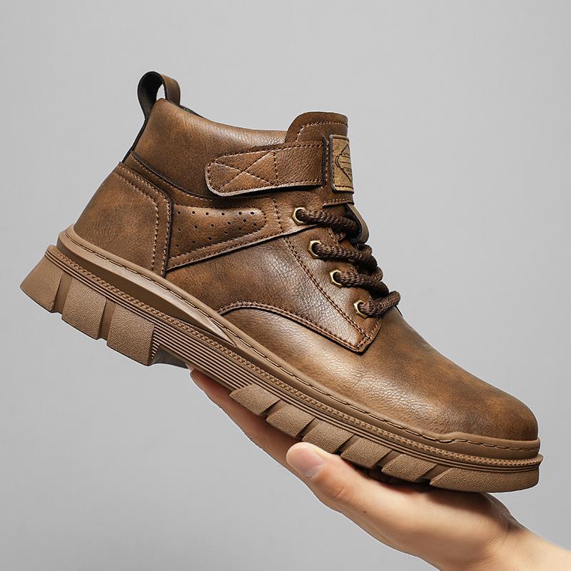 Britisk Stil Herre Fritidssko i Lær Business Herresko Snøring Høye Basic Støvler Merkevare Mann Vinter Motorsykkelstøvler