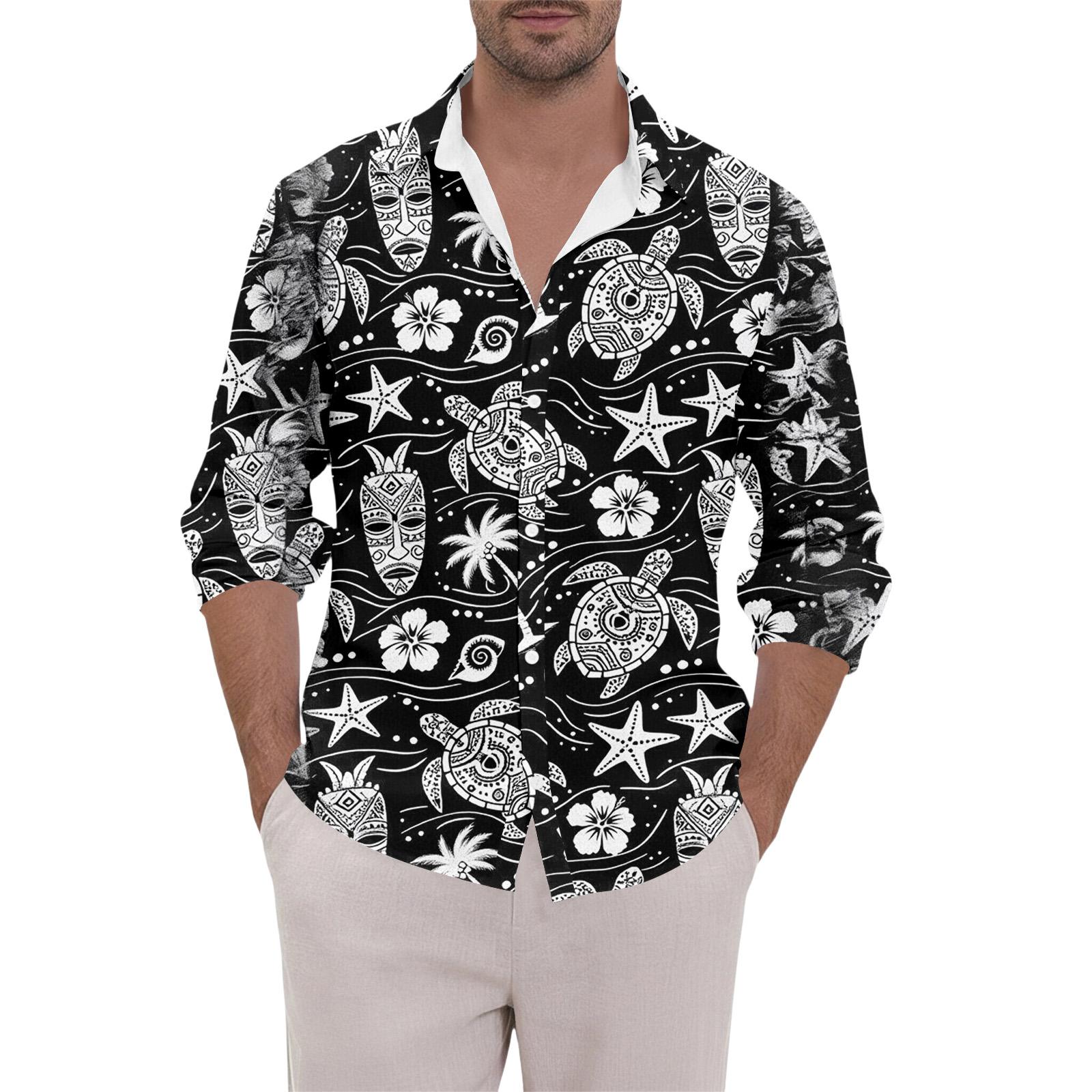 

Men s Clothing Long Sleeve Hawaiian Shirt for Men Casual Button Down Shirts for Men Lightweight Floral Design XXL чёрный