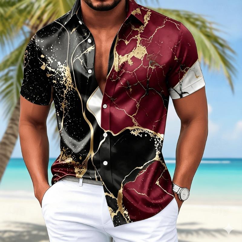 Men's Split Marble Print Short Sleeve Shirt, Casual Button Down with Abstract Fluid Pattern for Spring & Summer