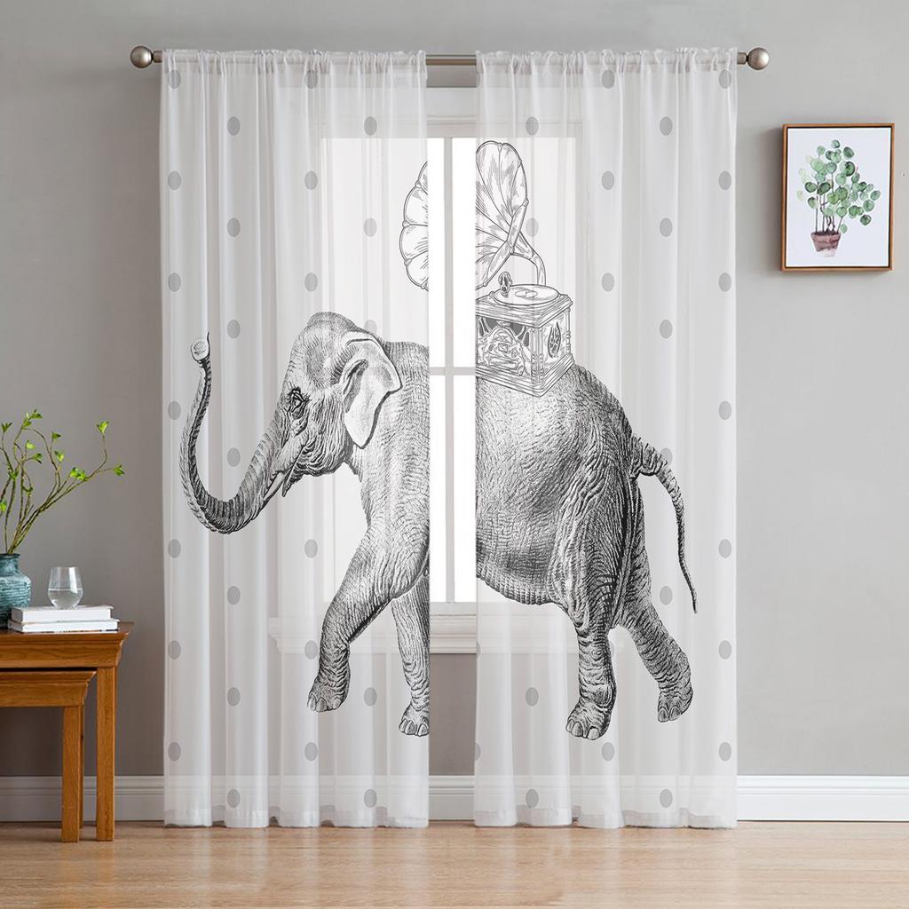 Retro Music Poster With Vinyl Gramophone Chiffon Sheer Curtains for Living Room Bedroom Window Curtain Voiles Tulle Cortinas