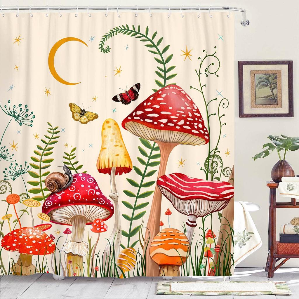 Boho Moon Phase Shower Curtain Abstract Sun Stars Butterfly Mushroom Flowers Plant Leaves Bathroom Decor Fabric with Hooks