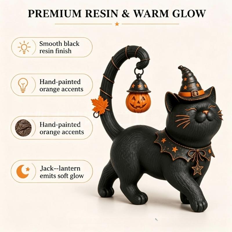 Standing Halloween Cats Decoration, Dark Figure with Pointed Hat and Aged-Look Finish for Entryway, Shelf, Office, or Desk Arrangement