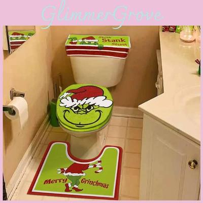 Şenlikli Yeşil Grinch Tuvalet Kapağı ve Paspası Noel Banyo Dekorasyon Seti
