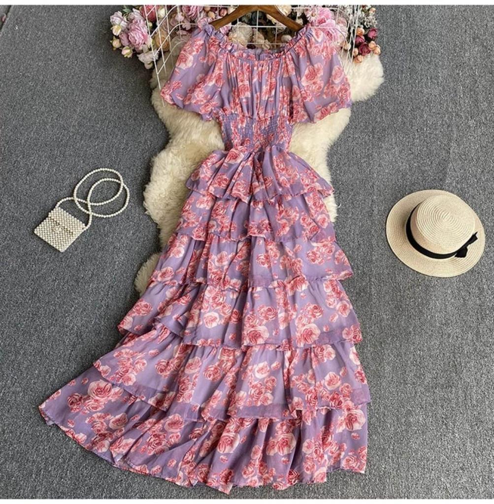 Retro Floral Chiffon Slimming Dress: Women's Summer Puff Short Sleeve High-End Vacation Cake Dress