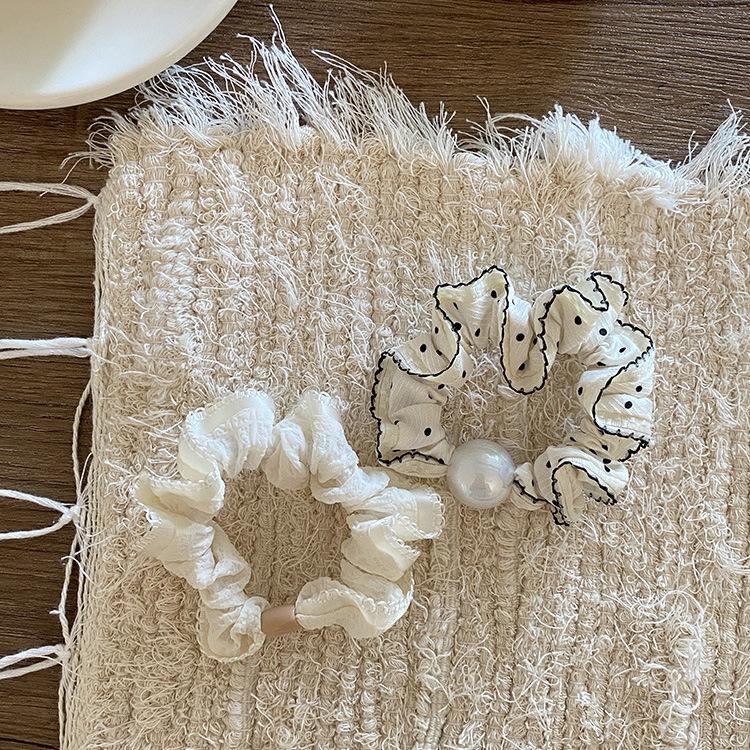 Korean Black & White Polka Dot Scrunchie with Pearls - Versatile, High Elasticity Hair Tie