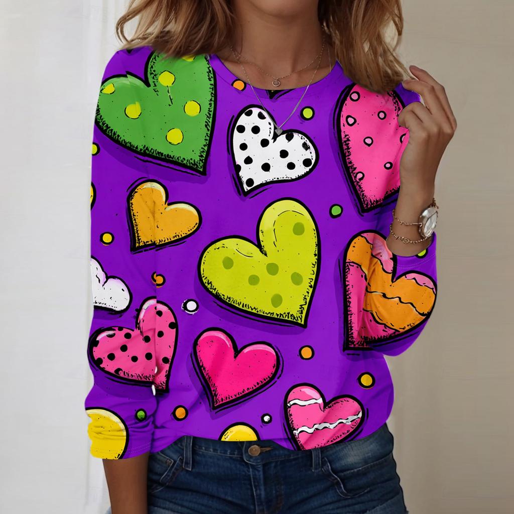 Women's Heart,shaped Printed Round,neck Loose Long,sleeved Top