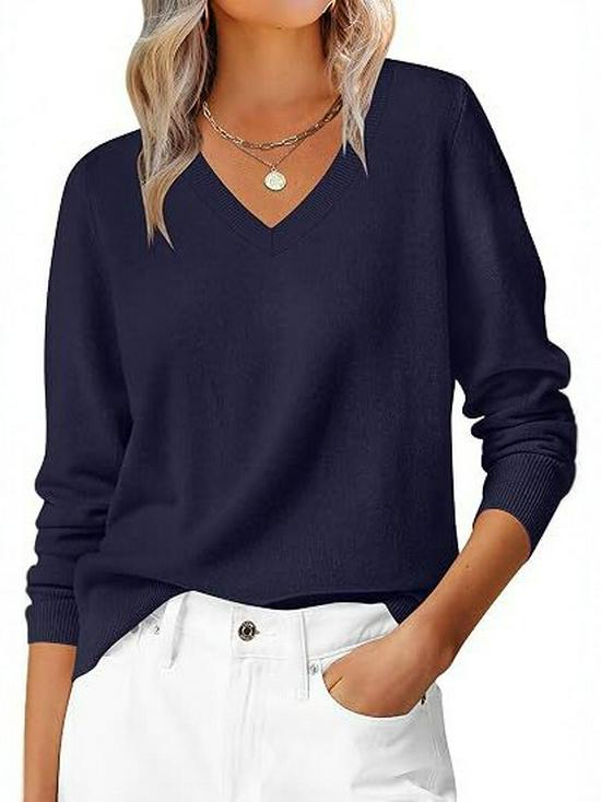 2026 European & American Autumn V-neck Loose Long Sleeve Solid Knit Women's Sweater - Commuting & Versatile