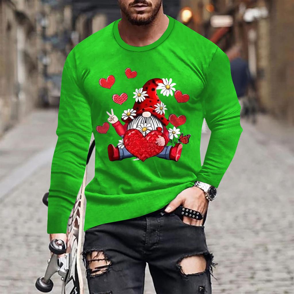 Spring and Autumn Round Neck 3D Love Printed Top Valentine's Day Themed T-shirts Fashionable Casual Long Sleeved Men's T-shirts