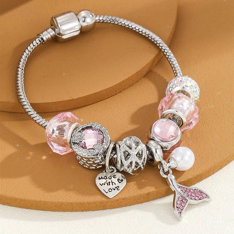 Handmade Beaded Bracelet Crystal Ball Heart Charm Mermaid Tail Pearl Pendant Jewelry Gift for Women