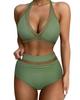 European and American black mesh splicing neck bikini women's high waist to cover their belly and look thin split swimsuit vacation beach swimsuit