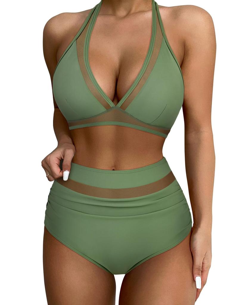 European and American black mesh splicing neck bikini women's high waist to cover their belly and look thin split swimsuit vacation beach swimsuit