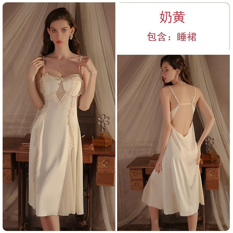 Satin yarn sexy low chest plus chest pad sexy backless long suspender nightdress robe set S