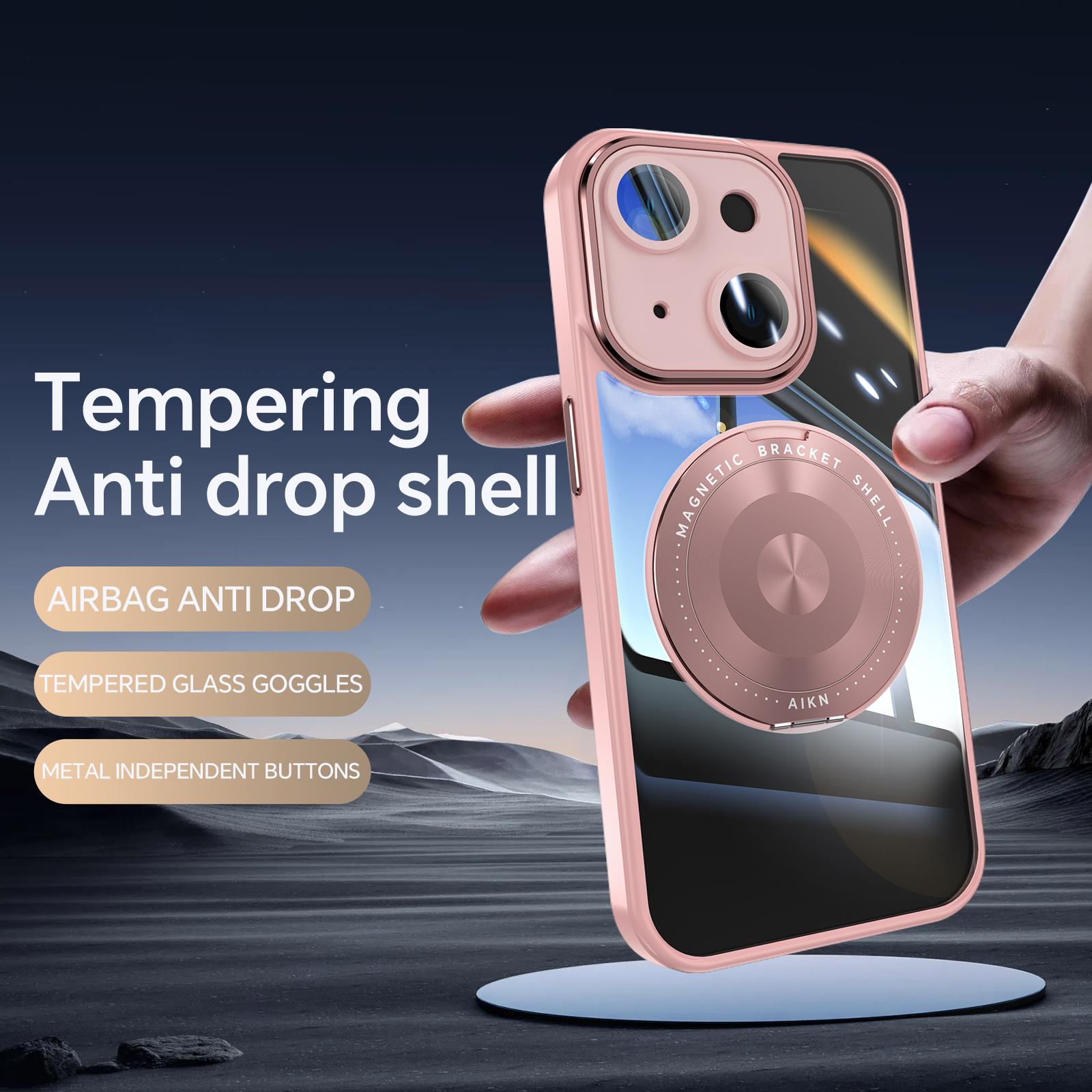 

For iPhone 14 Magnetic Case PC+TPU Phone Cover with Rotating Metal Kickstand,Lens Protector Matte White