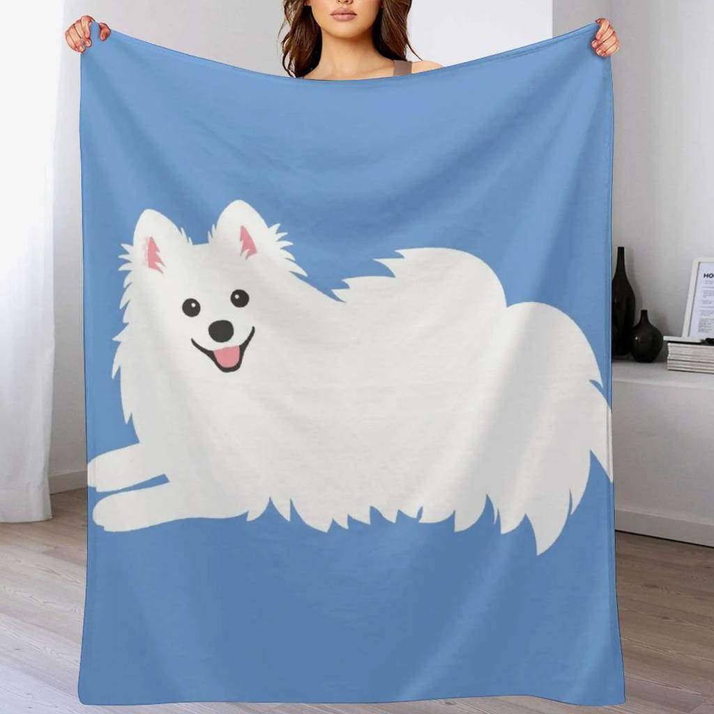 Waiting Japanese Spitz Puppy Dog KamaHachi Sky Blue Throw Blanket Stylish Couch Blanket for Home Living Room