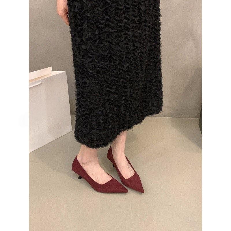 Stiletto High Heels Spitze Wildleder Einzelne Schuhe Frühling und Herbst Kitten Heel mit Rock Pendler Schuhe