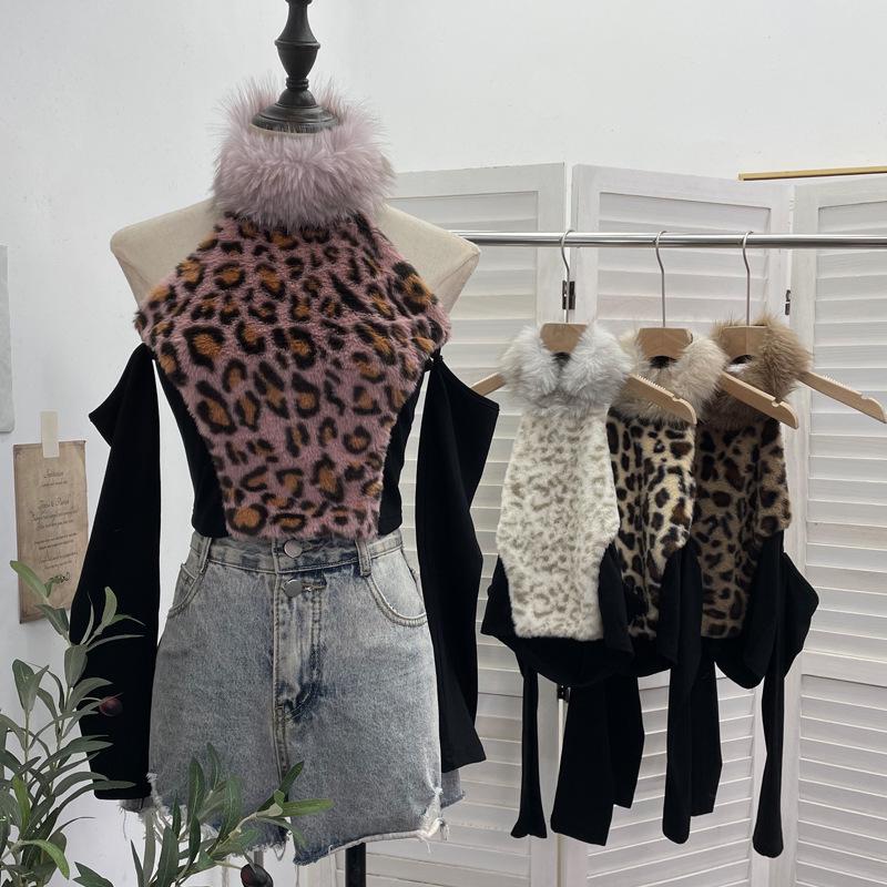 Leopard Print Fluffy Off-Shoulder Long Sleeve Halter Neck Women's Retro Short Top