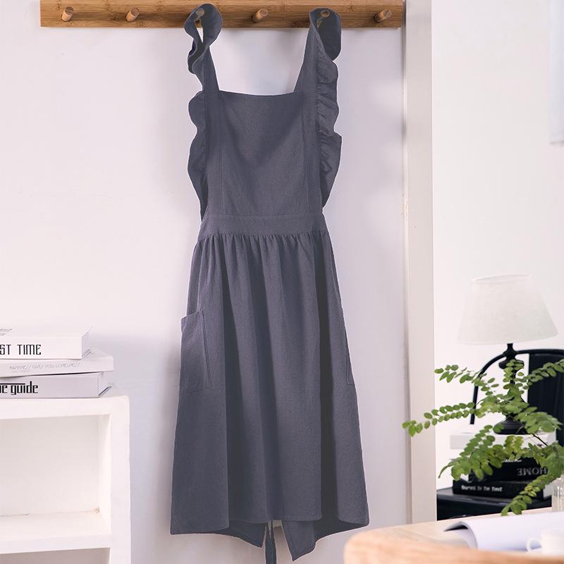 Lotus Leaf Lace Cotton Linen Apron with Printable Logo - Japanese Korean Style for Kitchen or Cafe Use