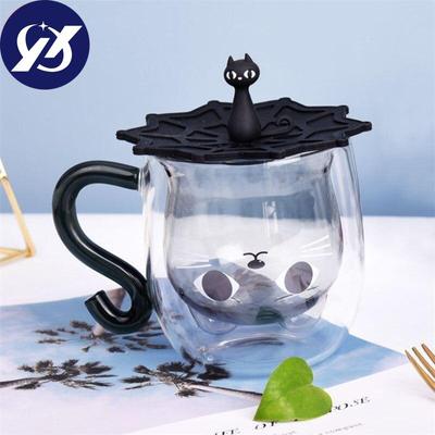 Tazza per succo di latte in vetro a doppia parete Tazza da caffè creativa a forma di gatto carino Tazza da tè per coppia di cartoni animati con coperchio Articoli per ufficio per la casa