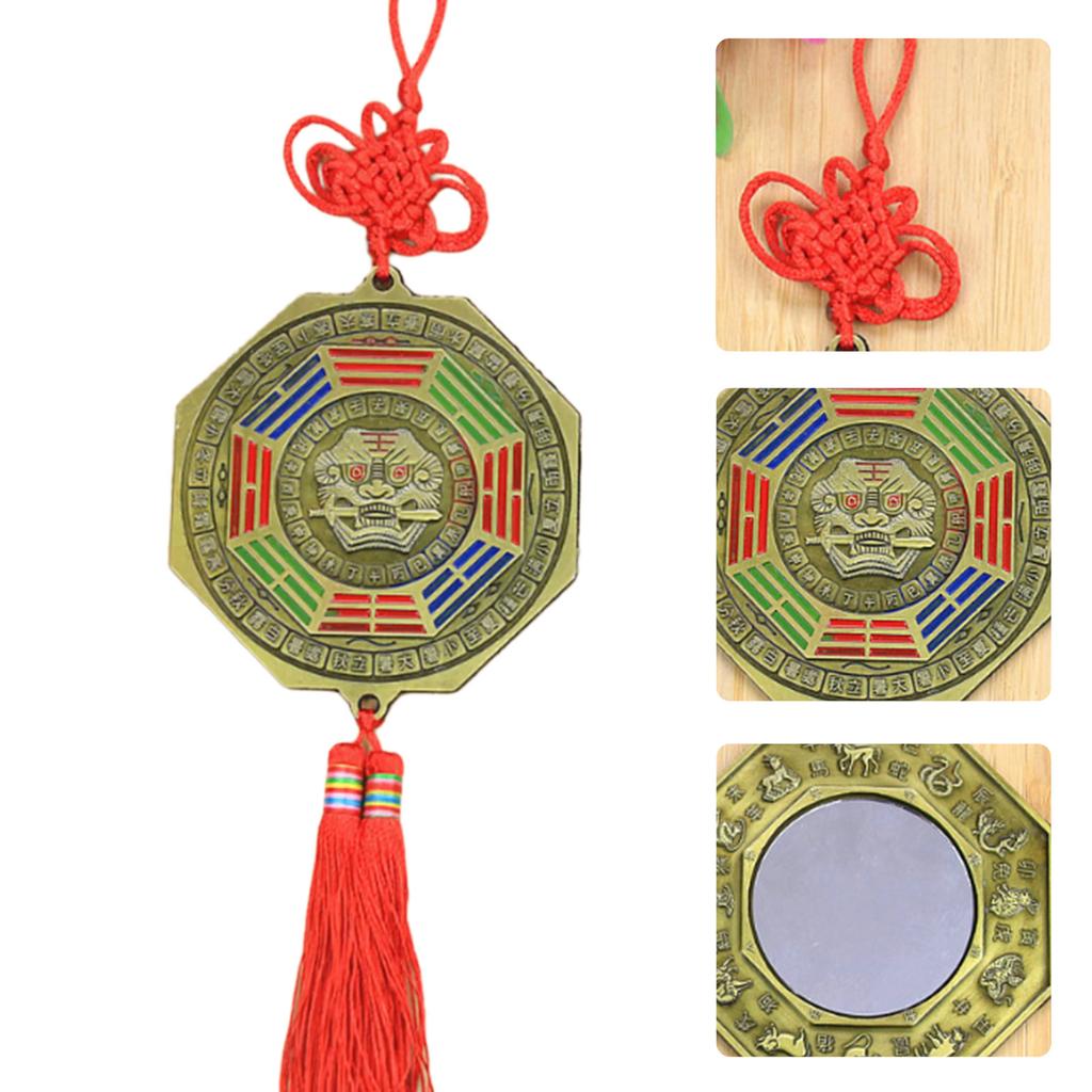 Fengshui Bagua Mirror Ornament for Home or Car Decors with Lion Biting Swords and Chinese Knots Tassels Pendant Charm