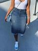 Gonna Midi in Denim a Vita Alta Sfilacciata: Dimagrante, A-line, Aderente ai fianchi
