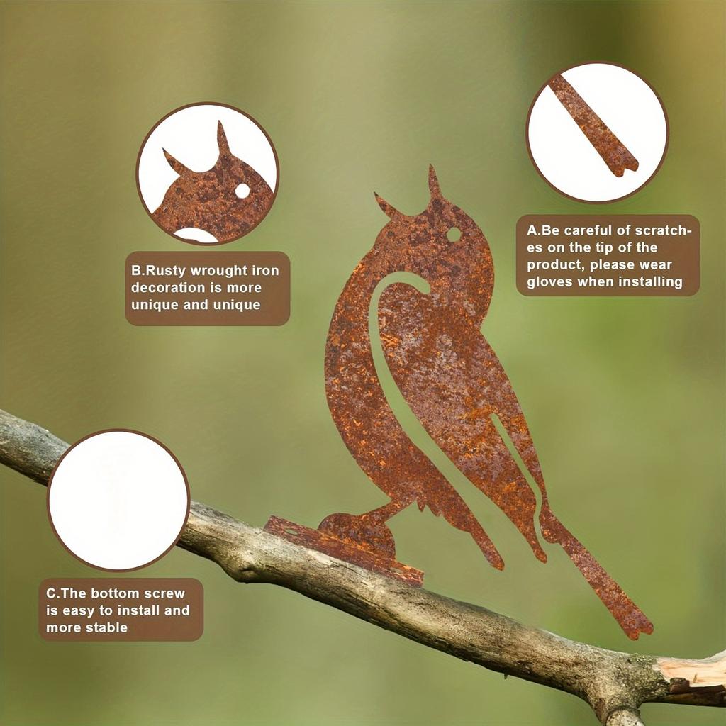 Set of 5 Rustic Metal Bird Sculptures Garden Decor Outdoor Yard Art Rusted Iron Bird Figurines for Lawn Patio Fence Decoration