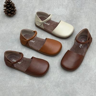 Retro Lässige Einriemen Echtleder Sandalen Frühling und Sommer Weiche Flache Schuhe Hohles Rindsleder Damen Sandalen