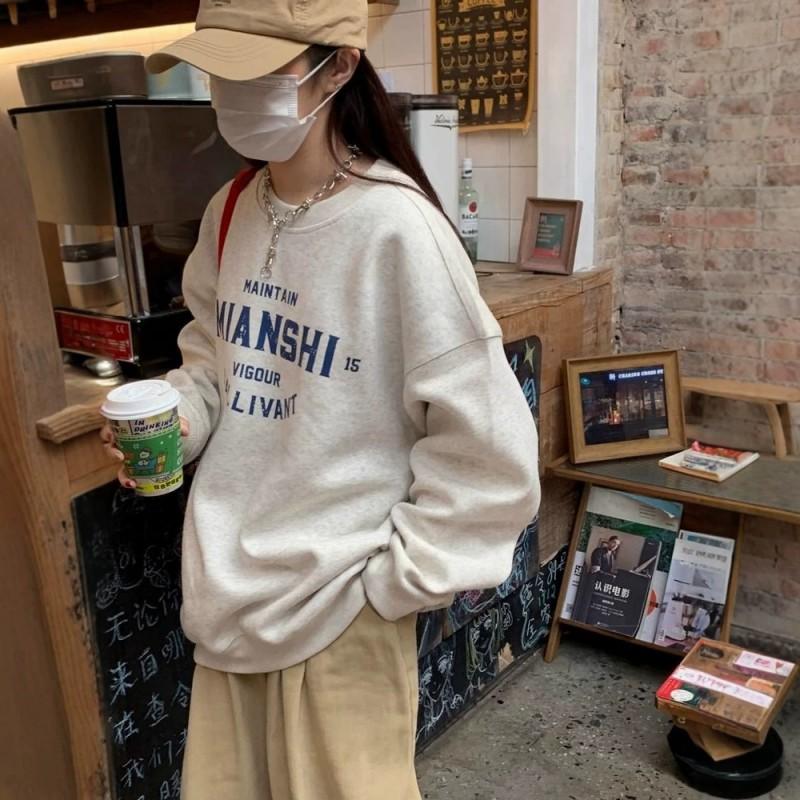 American Streetwear Vintage Oversized Crewneck Sweatshirt Winter Fleece Lined Casual Top
