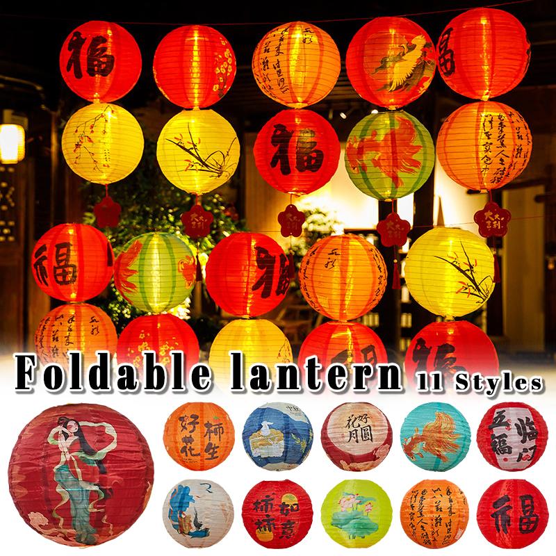 20cm Chinese Style Printed Round Lantern Waterproof Cloth Outdoor Decor Hanging Lantern For New Year Wedding Festival Decoration