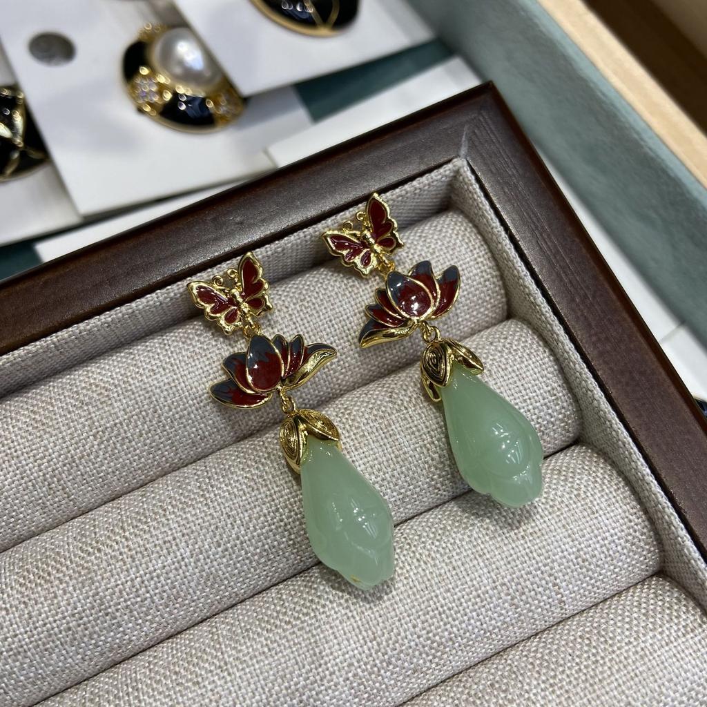 Aieryuan Guochao Copper-Plated Imitation Hetian Jade Enamel Drop Magnolia Flower Earrings, National Style Cheongsam And Ancient Style Earrings