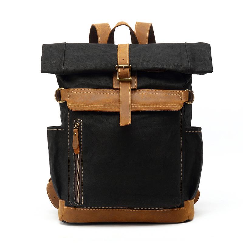 Men's Crazy Horse Leather Travel Backpack and Shoulder Bag with Waxed Canvas Laptop Compartment
