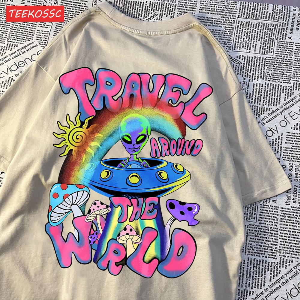 Mode Baumwolle Damen T-Shirts Alien UFO Weltreise Drucke Kurzarm Rundhalsausschnitt Weich Atmungsaktiv Street Damen Kleidung