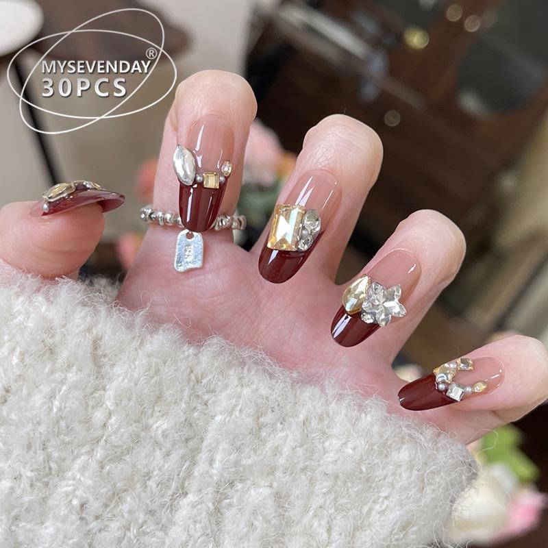

2025 New Year Red Edge Diamond French Manicure High-End Wearable Nail Patches Handmade Nails XS #10 pieces/bag