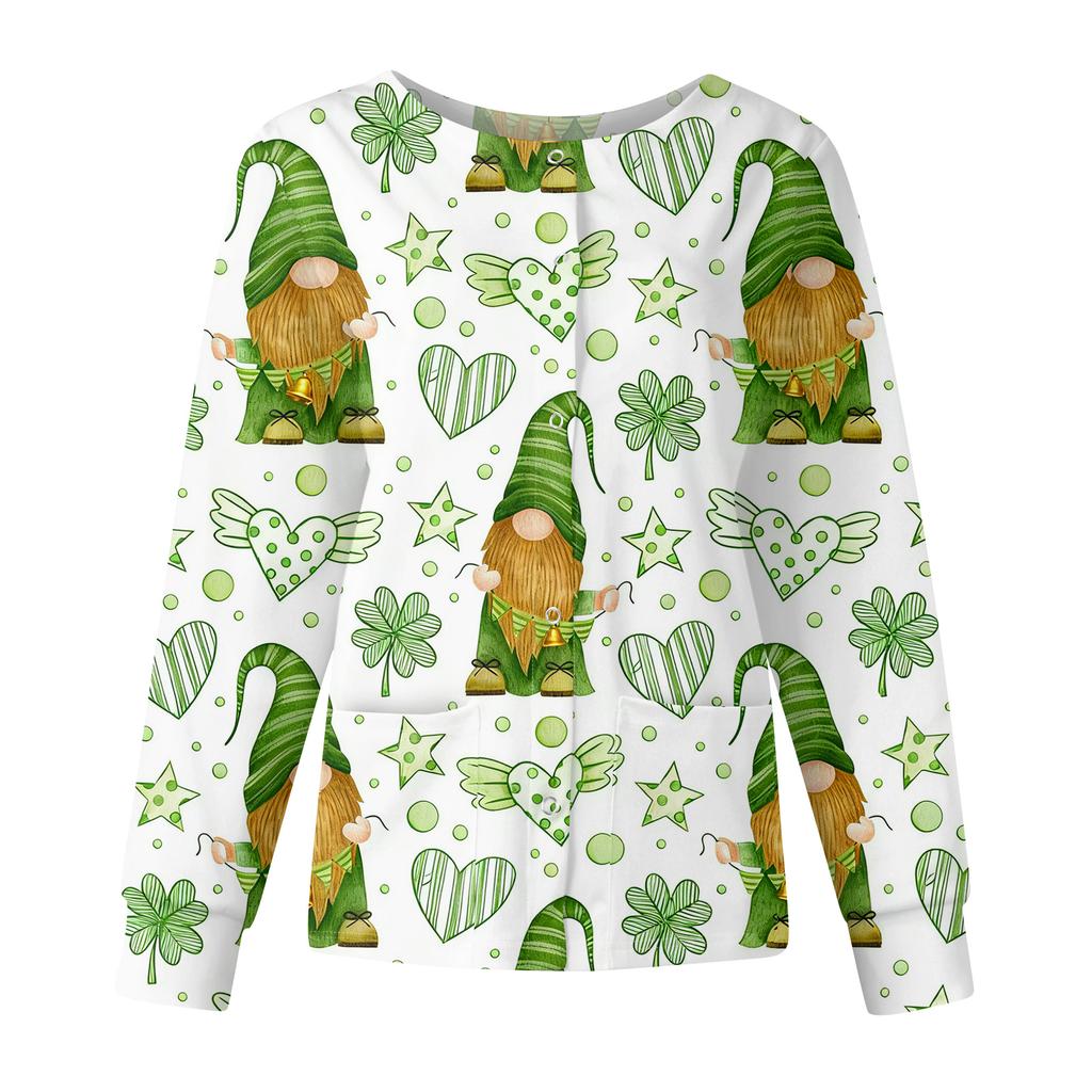 Damen Casual Mode Langarm Stehkragen Einreiher St. Patrick's Day Print Arbeitsjacke Tops