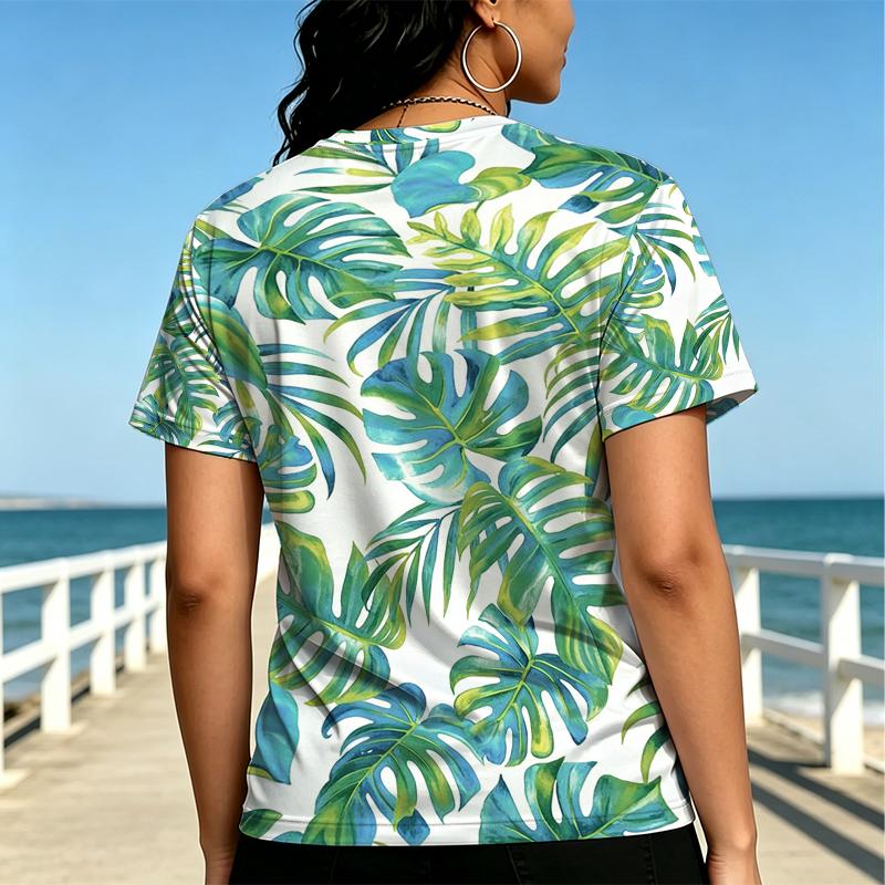 Women's Basic Short Sleeve Top Cotton Breathable Casual Tee with Tropical Plant Print, Ideal for Daily Outfits & Coffee Shop Visits.