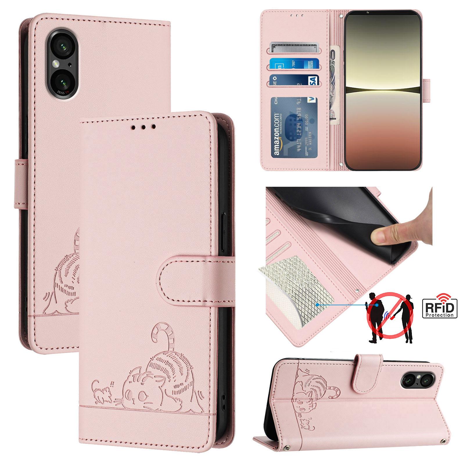 

For Sony Xperia 5 V Case with Strap RFID Blocking Leather Wallet Phone Cover Cat Mouse Pattern Pink