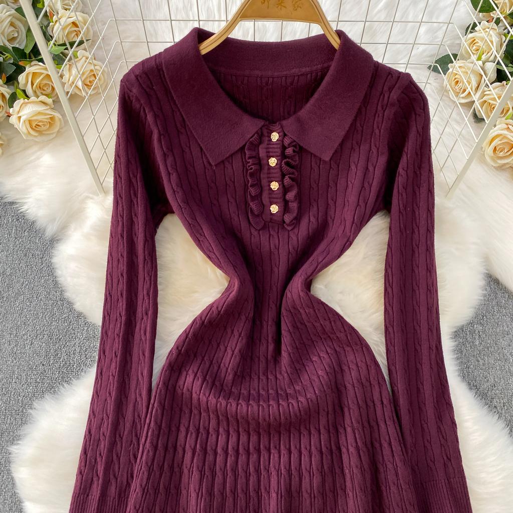 Autumn Winter High Waist Polo Knitted Umbrella Dresses  New Long Sleeve Casual Loose Sweater A-line Dresses Female