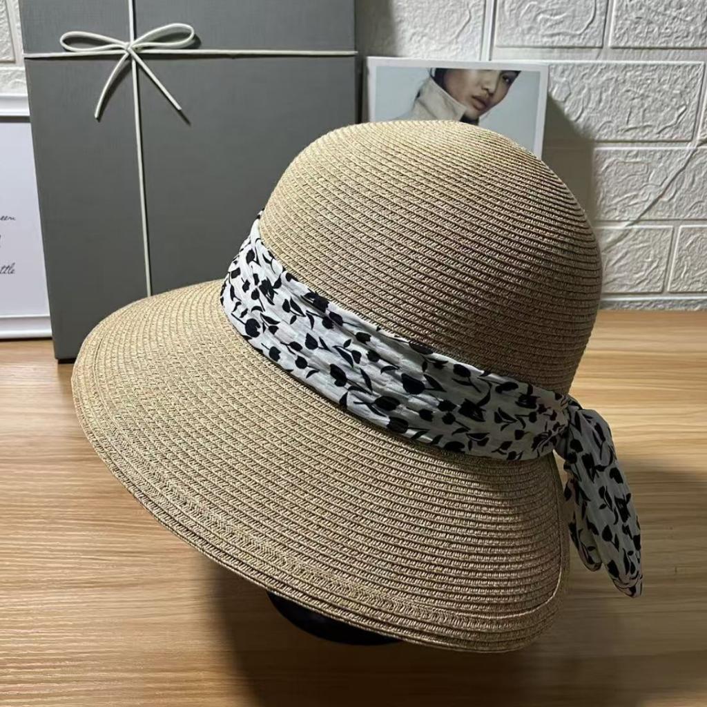 Gentle wind floral streamer rear split straw woven bucket hat spring and summer sun protection sunshade seaside vacation sun hat