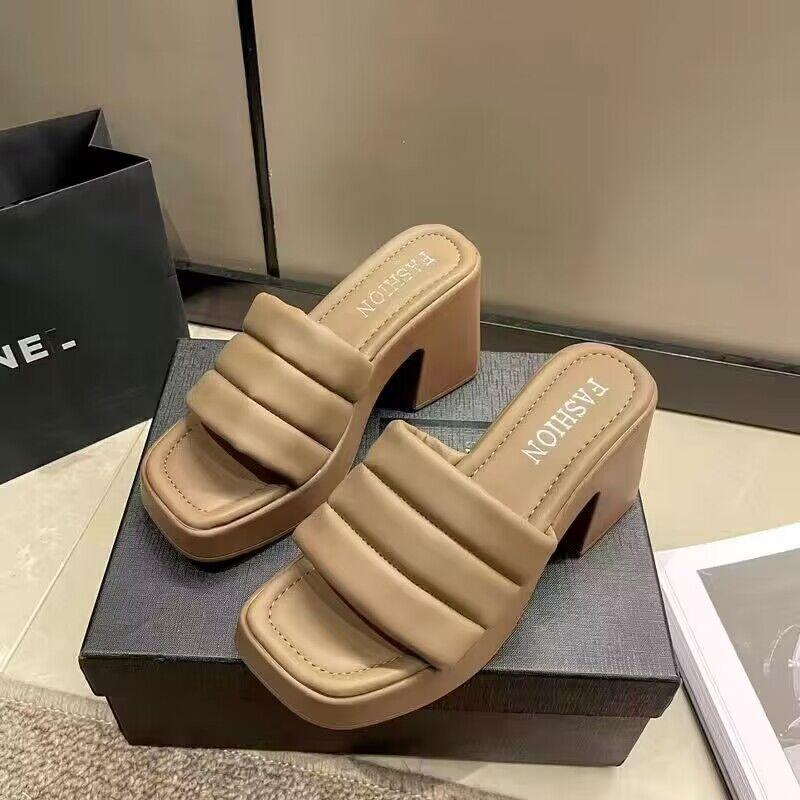 

Summer High-heeled Casual Women Shoes Ladies Shoes 2025 Hot Sale New Fashion New Square Toe Anti-wrinkle Women s Slippers 40-41
