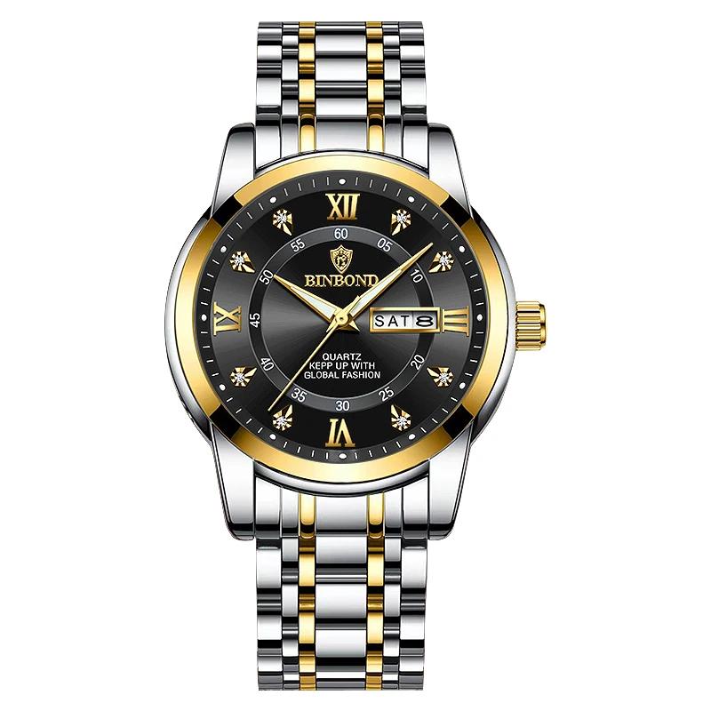 BINBOND Luxury Men Quartz Watch Waterproof Date Week Luminous Wristwatch Stainless Steel Men's Watches Male Clock Sports Reloj