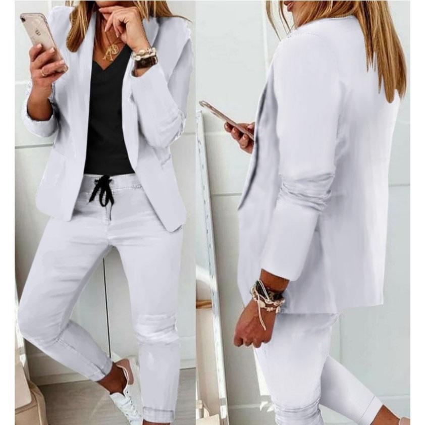 Women's Two Piece Pant Suit Set Outfits Spring Autumn Turn Down Print Blazer Coat Drawstring Pants Suit Women Casual Sets