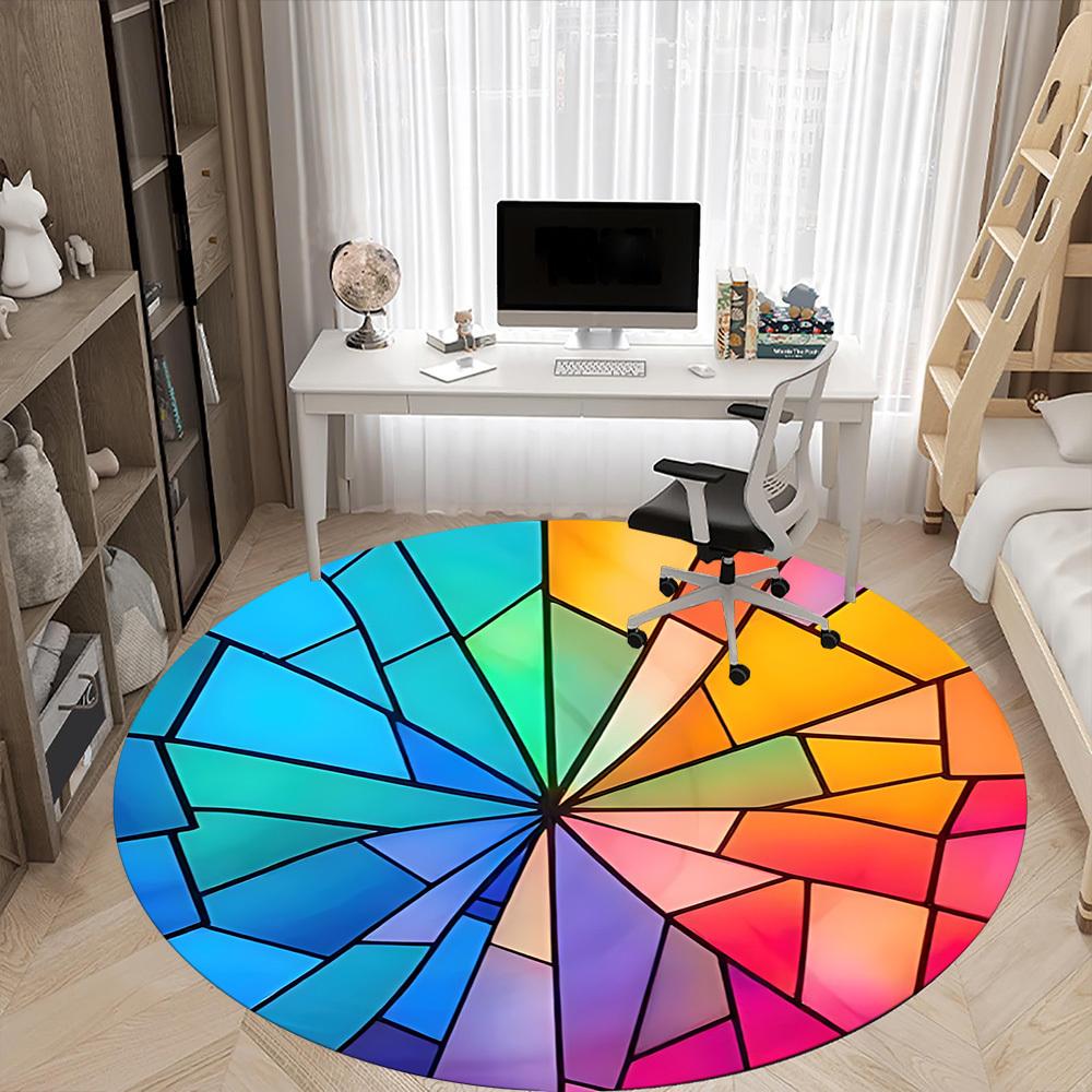 1pc Stained Glass Spectrum Office Round Area Rug, Indoor Mat Suitable ForOffice, Under Office Chairs Bedroom Living Room Home Decor, Room Deco T085