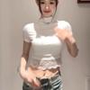 Lace Splicing Design Semi-turtleneck Pure Desire Short-sleeved T-shirt Spice Girl Fashion Slim-fitting Top Ins Women