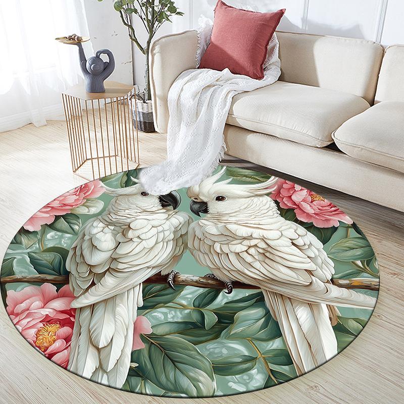 Flower Parrot,Round Area Rug,Carpet Rug for Living Room Bedroom Sofa Playroom Decor,Non-slip Floor Mat